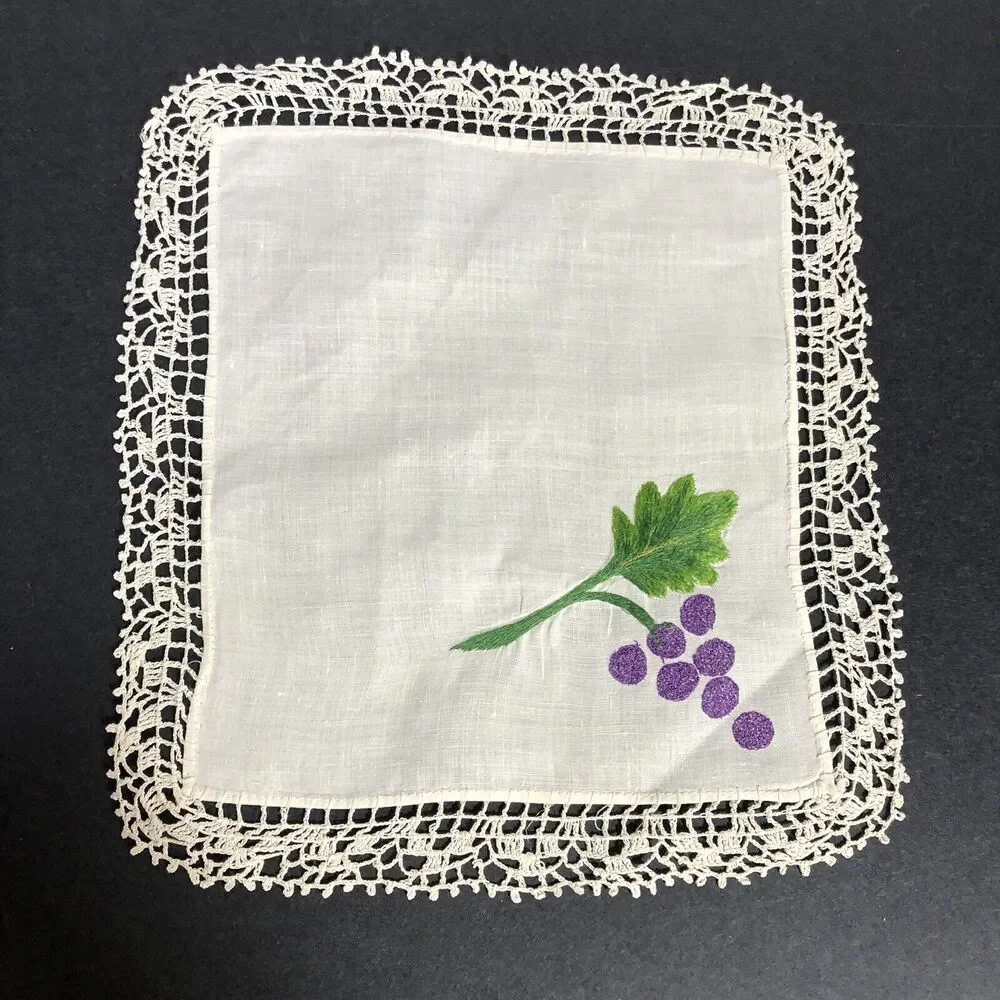 Vintage Small Table Topper Linens Square Purple Grapes Red Flowers Crochet Edge